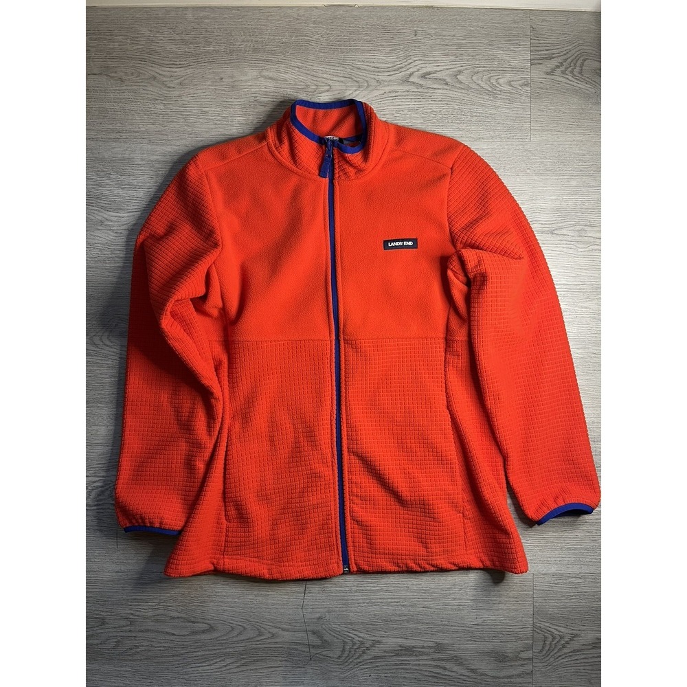 LANDS END Full Zip Grid Fleece Jacket Orange Blue Outdoor Gorpcore Women 2XL NEW